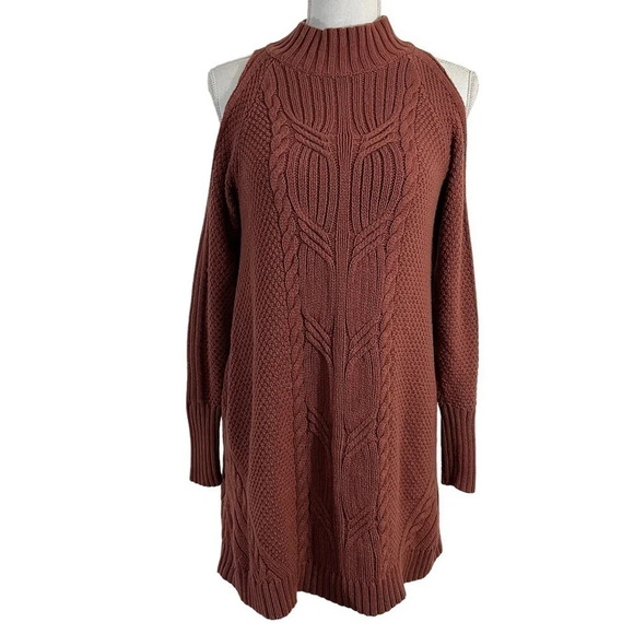Express Brown Cable Knit Dress Small Cold Shoulder Solid Pattern Pullover Casual - Picture 1 of 9